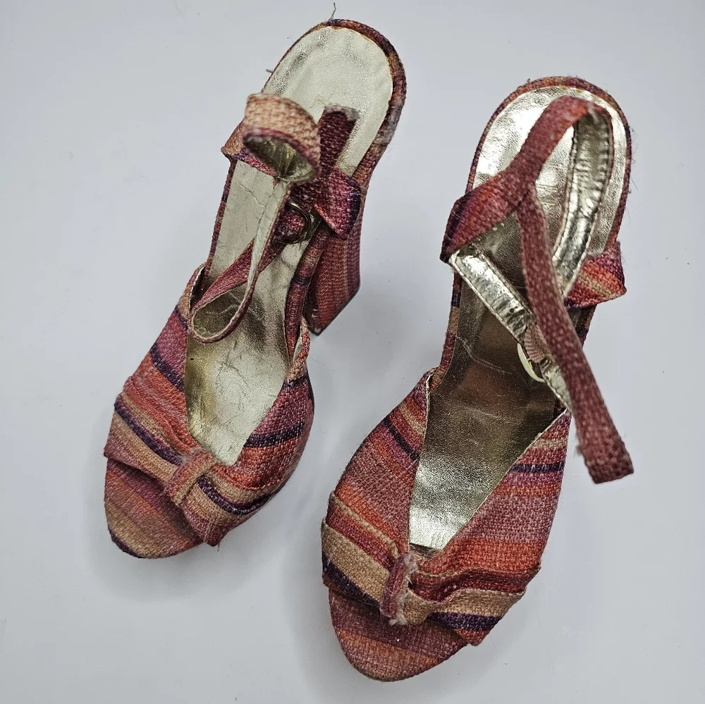 Liliana Multicolor 70s Inspires Stripe Strappy Platform Heels Sandals Women S 7